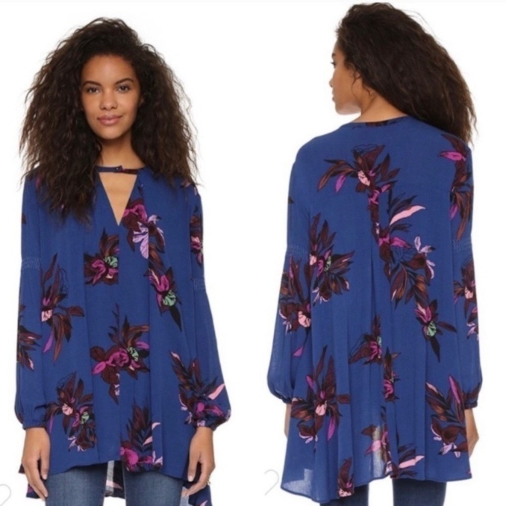 free people electric orchid print swing tunic dress top floral size XS blue blue